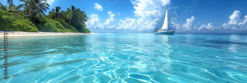 Tranquil sailboat on crystal clear blue sea near a tropical island with lush palm trees under a vibrant blue sky 