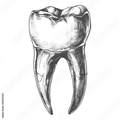 Etched Molar: Detailed Anatomical Tooth Drawing, Monochromatic Dental Illustration