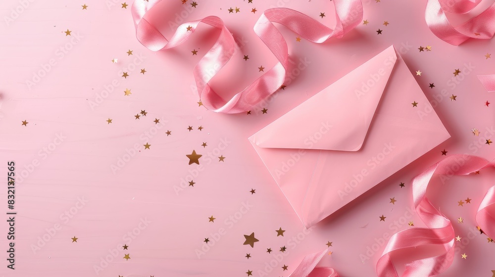 Top down image of Valentine s Day decorations wavy silk ribbon pink envelope letter and golden stars on pastel pink backdrop with space for text Top down image of Valentine s Day decorations wavy silk ribbon pink envelope letter and golden stars on pastel pink backdrop with space for text