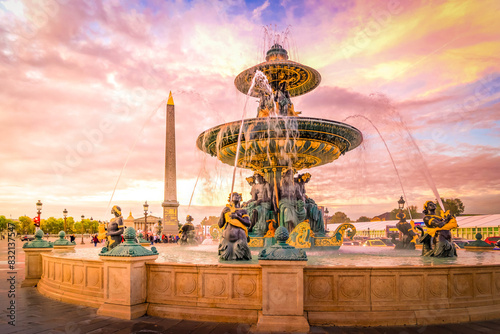 Photography Fountain on Concorde Square and Luxor Obelisk, Paris France