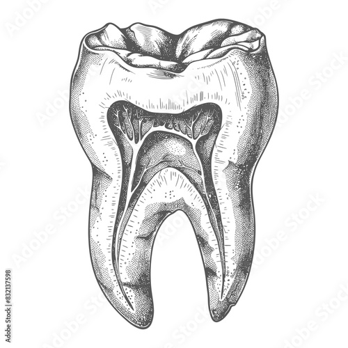 Etched Molar Anatomy: Detailed Tooth Cross-Section Illustration