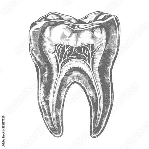 Engraved Dental Anatomy: Detailed Cross-Section of a Tooth, Monochrome Illustration.