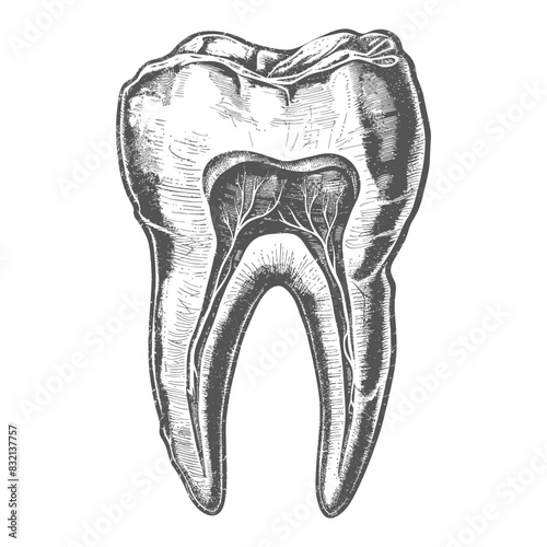 Tooth Cross-Section: Detailed Anatomical Engraving, Dental Structure.