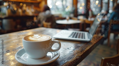 An artistic latte with intricate foam designs placed beside an open laptop in a warm and inviting coffeeshop  highlighting the blend of creativity and productivity