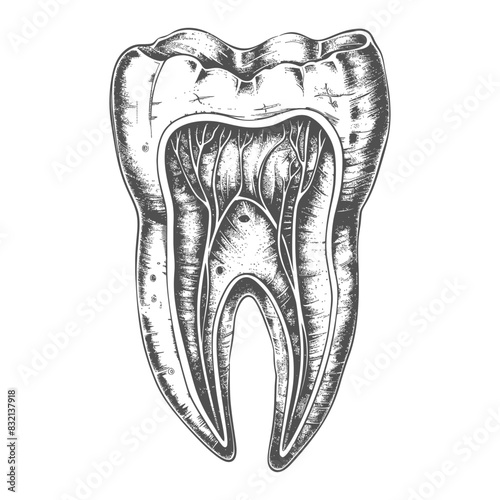 Detailed Tooth Cross-Section, Vintage Etching Style, Black and White Anatomy Illustration