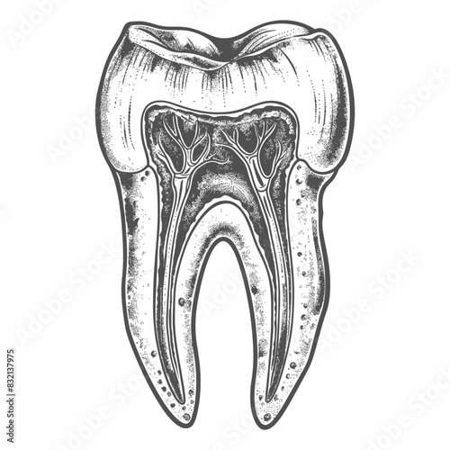 Detailed Tooth Anatomy: Engraved Illustration of Molar Structure
