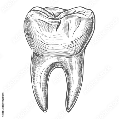Etched Molar: Detailed Anatomical Sketch in Crosshatching.