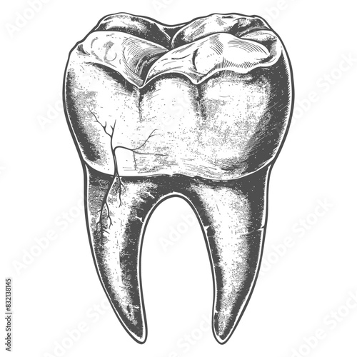 Etched molar detail: Vintage dental illustration of a human tooth anatomy.