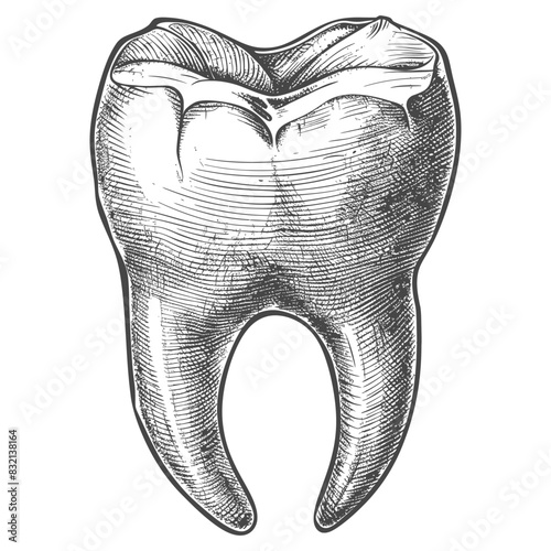 Molar Tooth Etching: Vintage Anatomical Illustration, Dental Care Detail.