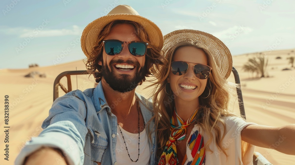 Experience ultimate joy with this young couple on an off-road adventure in the desert. Capturing memories with a selfie, discover the essence of summertime holidays and tourism tour activities. Experience ultimate joy with this young couple on an off-road adventure in the desert. Capturing memories with a selfie, discover the essence of summertime holidays and tourism tour activities.