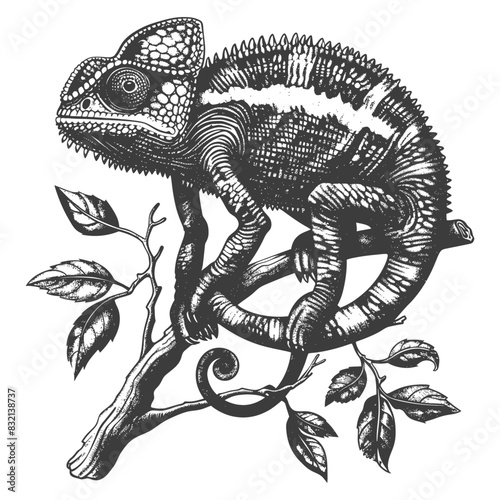 Etched Chameleon: Detailed Vintage Illustration on Branch.