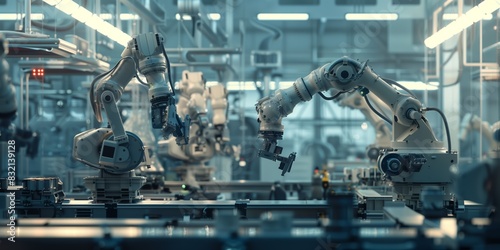 Robotic arms assembling a product, high-tech facility, precision engineering, advanced technology