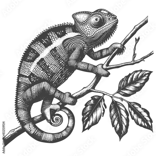 chameleon Animal with old engraving style black color only