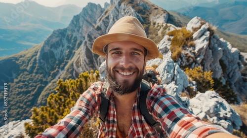 Adventurous young man capturing selfie on mountain top. Happy hiker smiling at camera.
