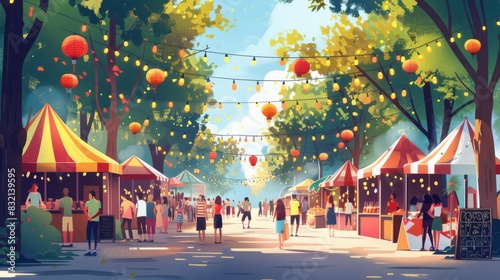 A street festival on New Year Day with food stalls, music, and people enjoying the celebrations cartoon Vector Illustration Generative AI