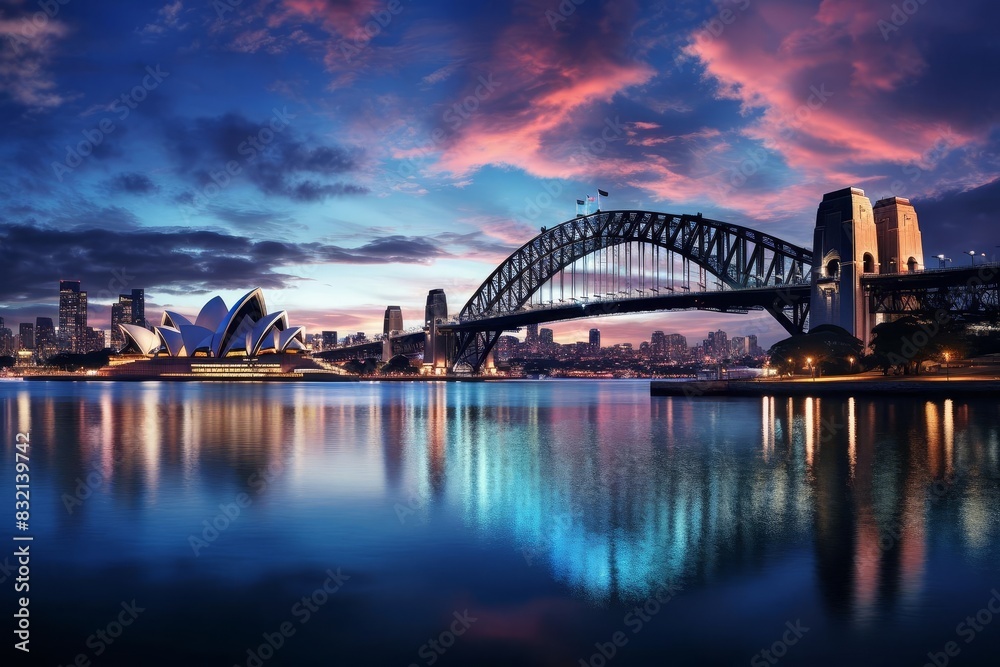 Naklejka premium Night over Sydney With the Harbor Bridge and Opera House