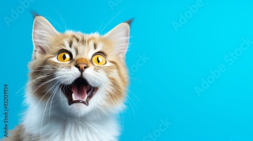Funny cat with open mouth on blue background.