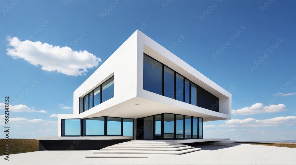 Contemporary Minimalist White House Design Against a Clear Blue Sky with Expansive Windows Contemporary Minimalist White House Design Against a Clear Blue Sky with Expansive Windows