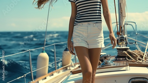 Show a striped boatneck top, white shorts, and boat shoes. The backdrop could be a sailboat or a harbor. photo