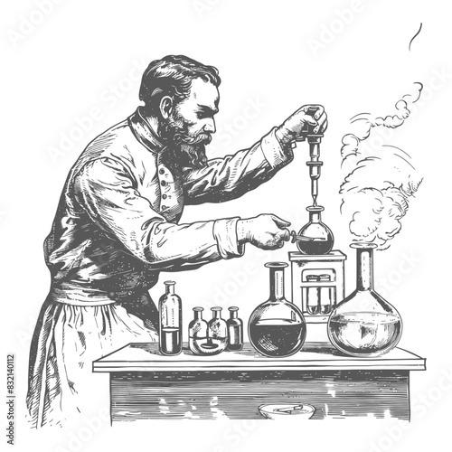 19th Century Chemist: Bearded Man, Flasks, and Distillation Apparatus Illustration.