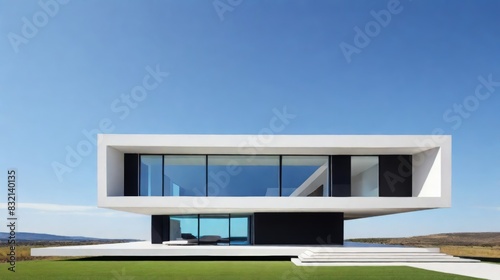Contemporary Minimalist White House Design Against a Clear Blue Sky with Expansive Windows © Марина Терехова