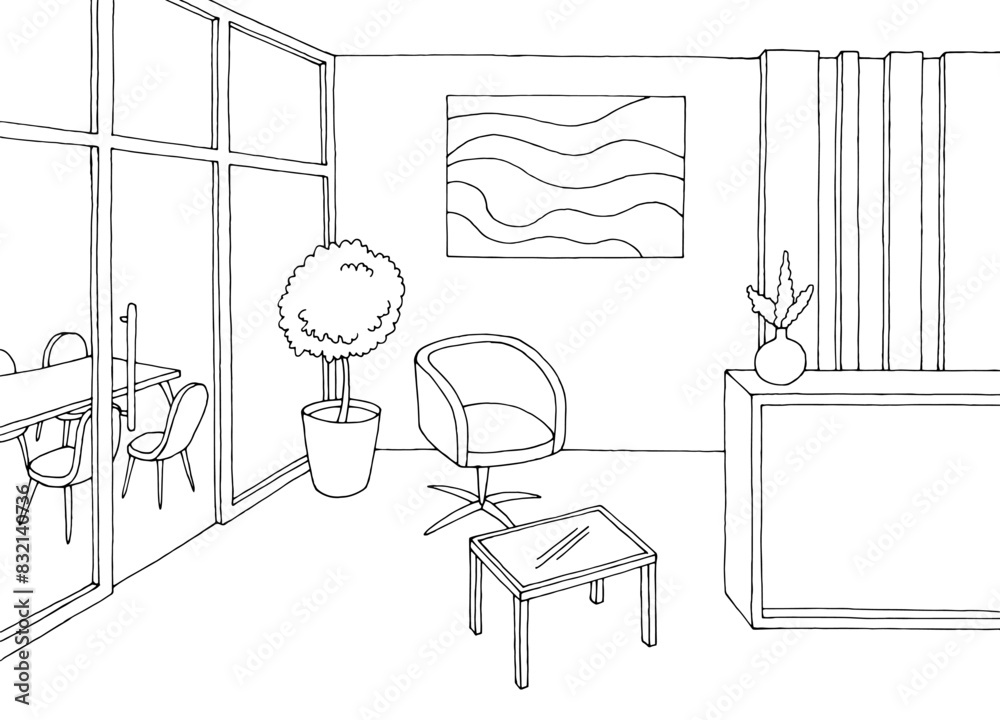Reception in the office room graphic black white interior sketch illustration vector Reception in the office room graphic black white interior sketch illustration vector