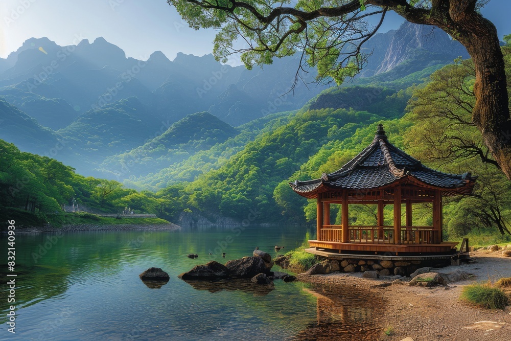 Picturesque lakeside view with a traditional pagoda, lush greenery, and mountains in the background, creating a serene and tranquil scene
