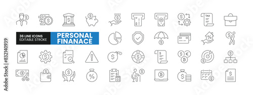 Set of 36 Personal Finance line icons set. Personal Finance outline icons with editable stroke collection. Includes Investment, Savings, Budgeting, Tax, Debt, and More.