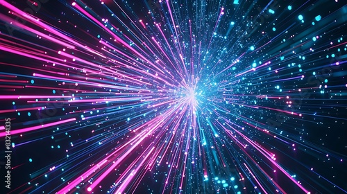 An explosion of neon pink and blue lines emanating from an unseen digital core, creating a powerful display of data energy
