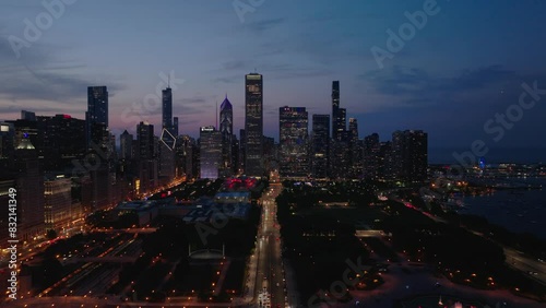Wallpaper Mural Aerial Forward Beautiful View Of Illuminated Downtown District By Sea In Modern City At Night - Chicago, Illinois Torontodigital.ca