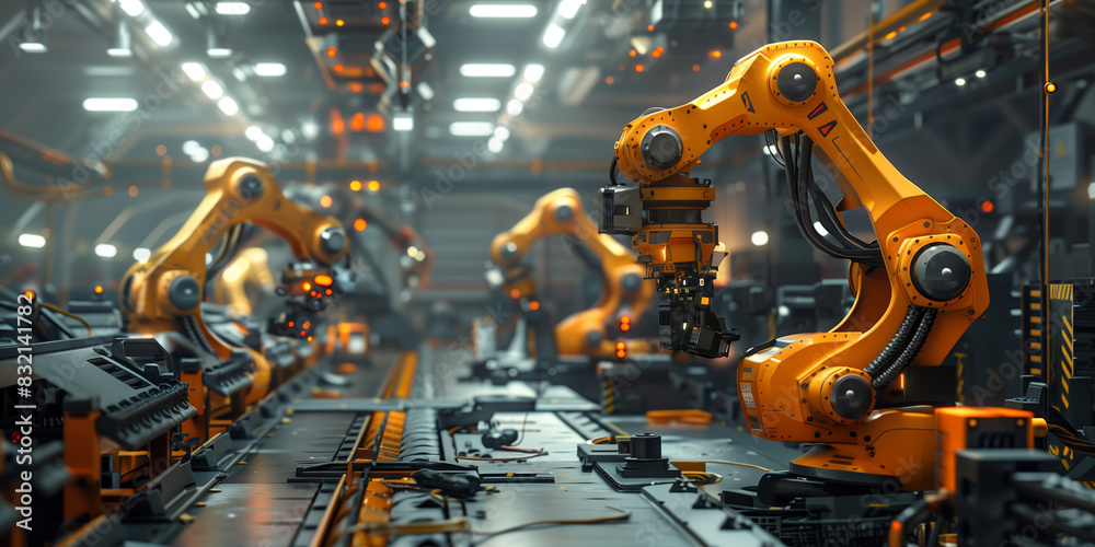 Advanced factory automation with multiple robotic arms, modern industrial environment, high-tech production line