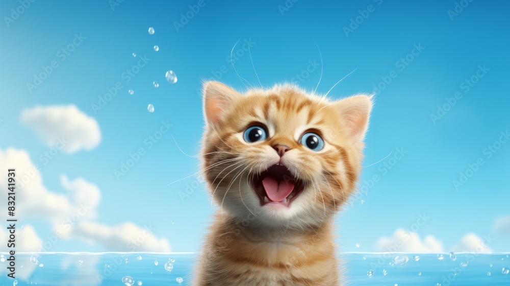 Fototapeta premium Cute tabby kitten on blue sky background.