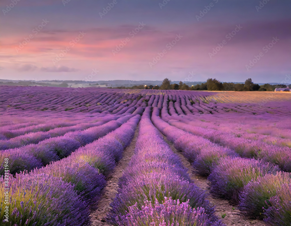 Naklejka premium Lavender flowers field at sunset in Isparta, Burdur, Turkiye