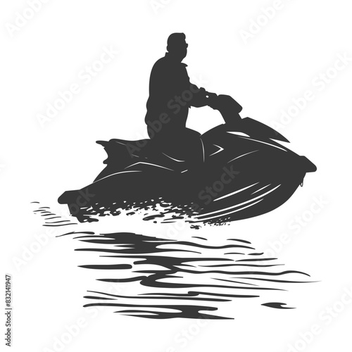 Jet Ski Silhouette: Man Riding Watercraft, Stylized Water Trails.
