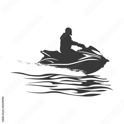 Jet Ski Rider Silhouette: Stylized Water Trails, Dark Vector on White.