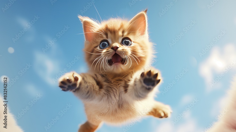 Cute kitten flying in the blue sky. Cute kitten flying in the blue sky.