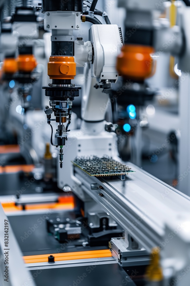 Industrial robots working on an assembly line, precision manufacturing, advanced technology, automated process, factory setting. Industrial robots working on an assembly line, precision manufacturing, advanced technology, automated process, factory setting.