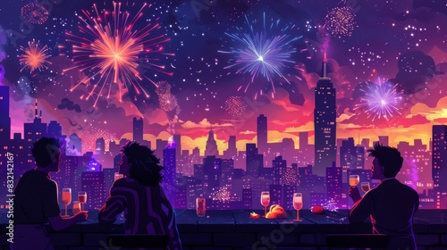 A group of friends celebrating New Year Day at a rooftop party with a city skyline and fireworks in the background cartoon Vector Illustration Generative AI