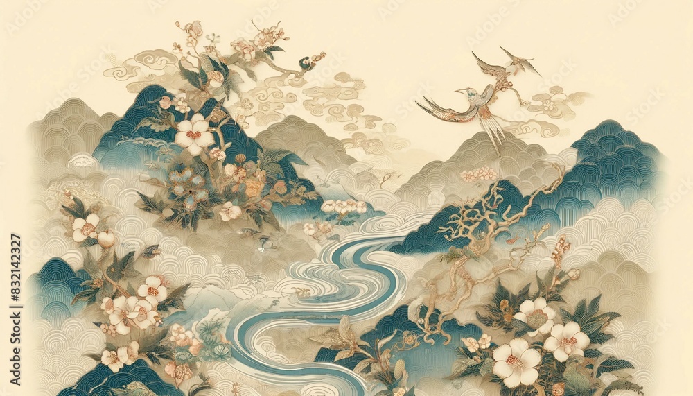 Fototapeta premium Elegant Kaga Yuzen floral motif, Japanese textile design background