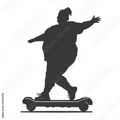 silhouette fat woman riding hoverboard full body black color only