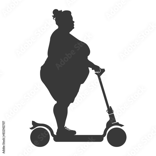 silhouette fat woman riding hoverboard full body black color only