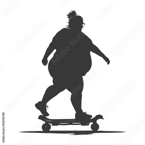 silhouette fat woman riding hoverboard full body black color only