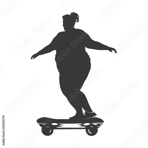 silhouette fat woman riding hoverboard full body black color only