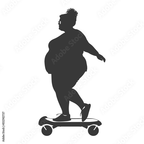 silhouette fat woman riding hoverboard full body black color only