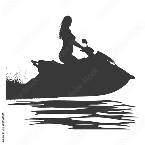 Silhouette: Woman Riding Jet Ski, Water Reflection, Dark Graphic.