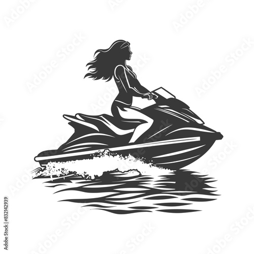 Silhouetted Woman Jet Skiing, Water Sport Icon, Graphic Illustration.