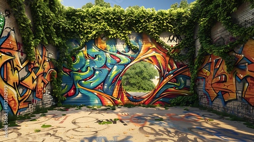 An urban graffiti wall with a hidden 3D abstract sculpture effect