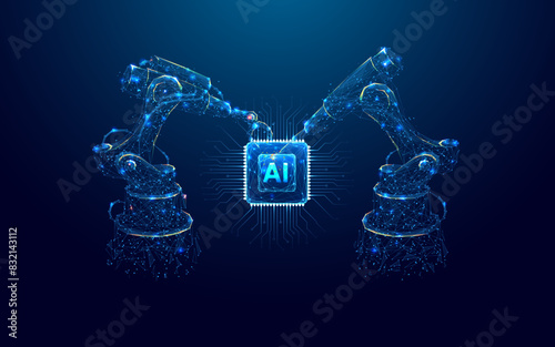 Industrial robotic arms create AI a chip or a semiconductor on a dark blue background. Robot and AI chip. Abstract technology bg. Artificial Intelligence concept. Low poly digital vector illustration (ID: 832143112)