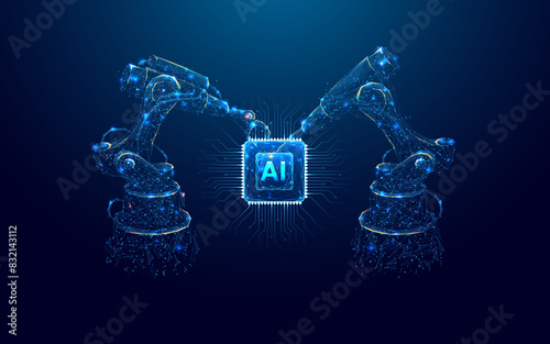 Industrial robotic arms create AI a chip or a semiconductor on a dark blue background. Robot and AI chip. Abstract technology bg. Artificial Intelligence concept. Low poly digital vector illustration