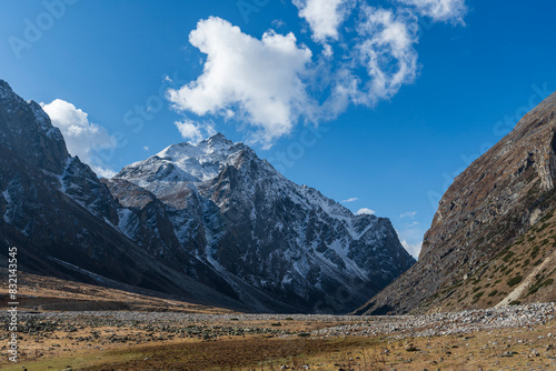 Beautiful cloudy blue sky landscape of Transhimalaya. A stunning mountainscape of Humla, Nepal photo